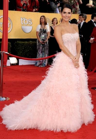 Angie Harmon wore Monique Lhuillier to the 2011 Screen Actors Guild Awards. I'm sort of obsessed with feathers right now. So I LOVEEEEE this dress!